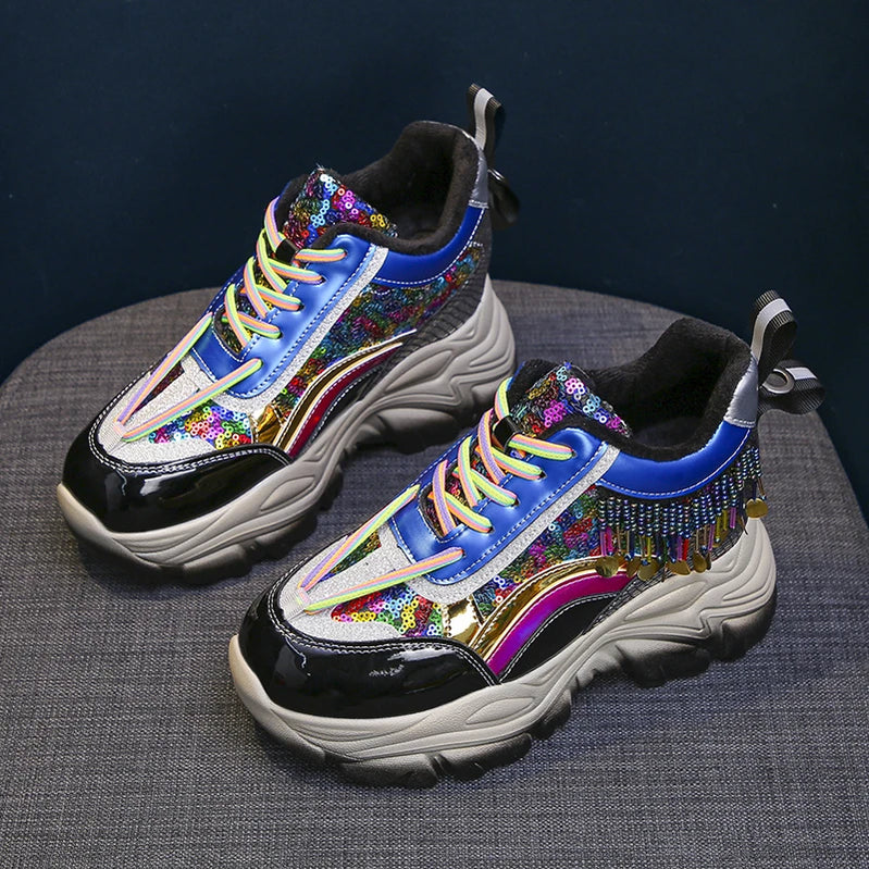 Women Winter Platform Bling Leather Sneakers Warm Plush Shoes Tennis 8CM Wedge Heels Lace-up Chunky Dad Shoes Woman Mujer