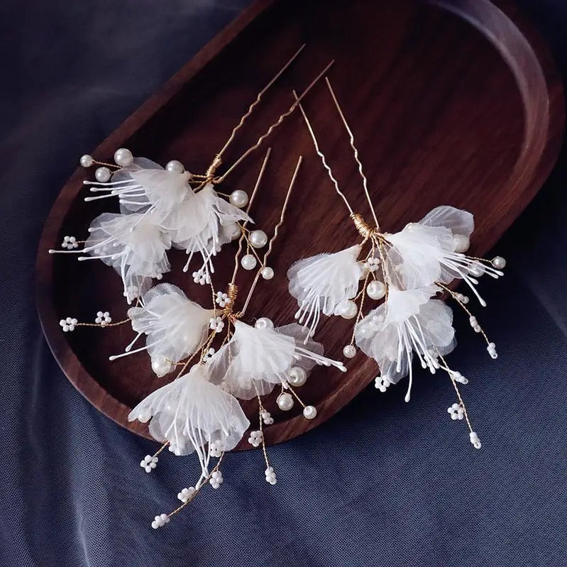 Fabric Floral Bridal Hair Pins Clips Gold Color Pearls Wedding Hair Pieces Women Accessories Handmade TY246