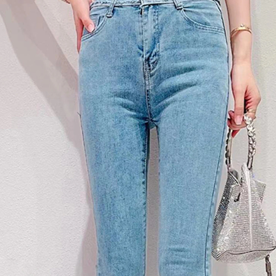 Women Jeans Summer New Korean Style Sweet Heavy Beads Luxury Rhinestone Blue Jeans Elegant Slimmin Bootcut Pants Fashion