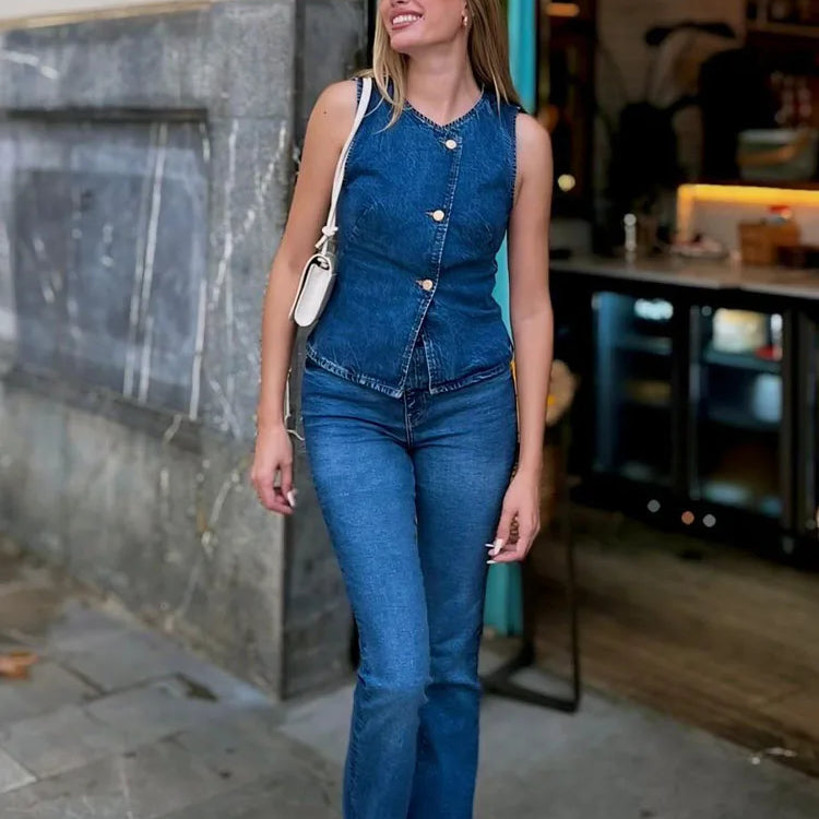 TRAFZA Summer Denim Trousers Set For Women Sleeveless Cropped Vest Top + Wild Basic Women's Wide Leg Long Pant Trendy