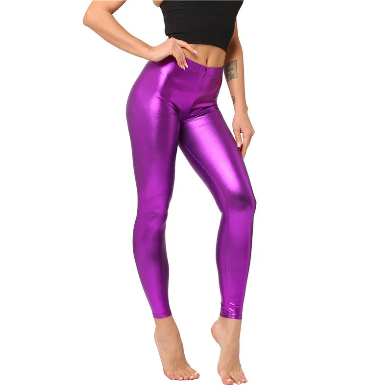 Pink Leggings For Women Metallic Shiny Black Pants Elastic Waist Stretch Fitness Mujer Gym Golden Silve Red Blue Trousers K274 Pure Purple