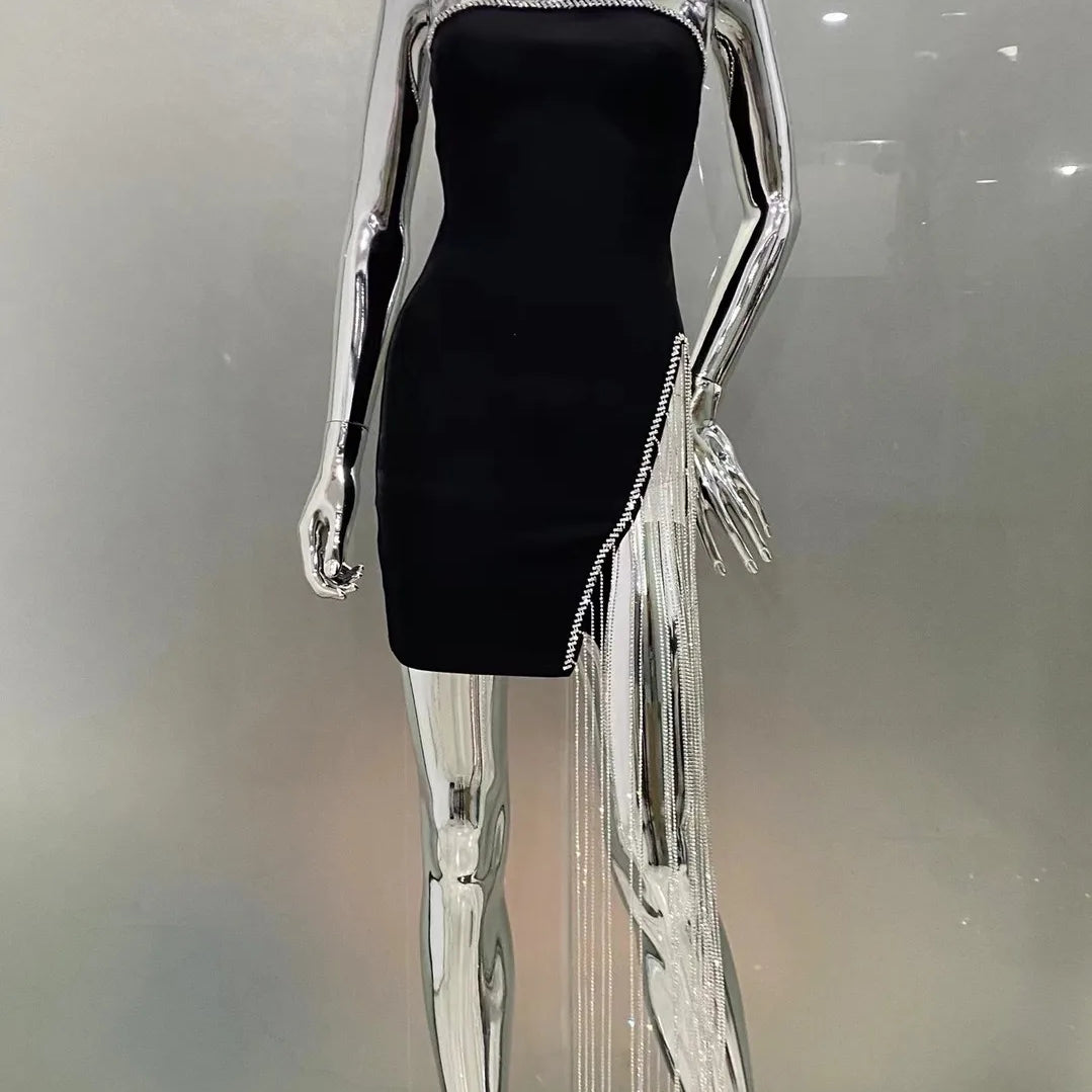 STOCK Shining Diamond Chain Sexy Slit Strapless Black Bandage Mini Dress Woman Birthday Party Dress Nightclub Party Outfit