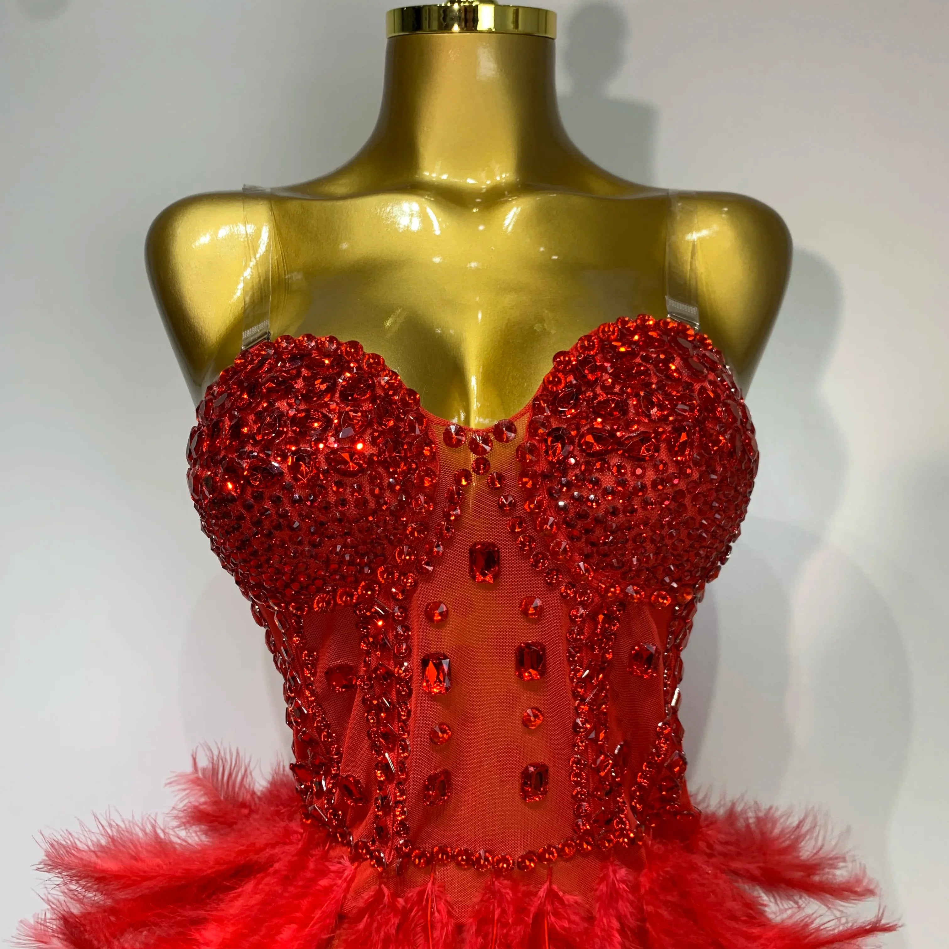 Sparkly Rhinestone Feather Mesh Long Dress Women Sexy Elegant Evening Party Luxury Birthday Photo Shoot Performance Costume