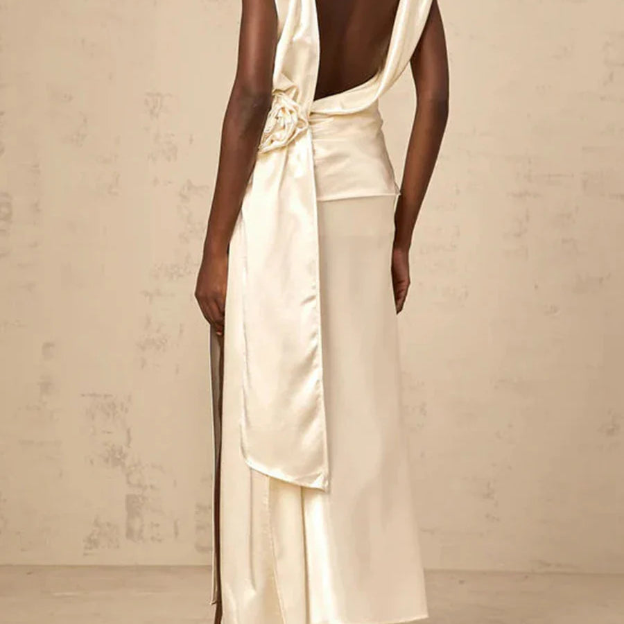 Solid Sliced 3D Flower Split Dresses for Women Swinging Collar Sleeveless Patchwork Folds Backless Dress Female New