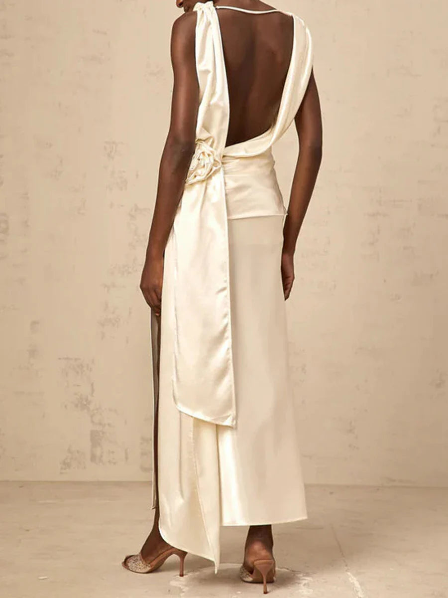 Solid Sliced 3D Flower Split Dresses for Women Swinging Collar Sleeveless Patchwork Folds Backless Dress Female New