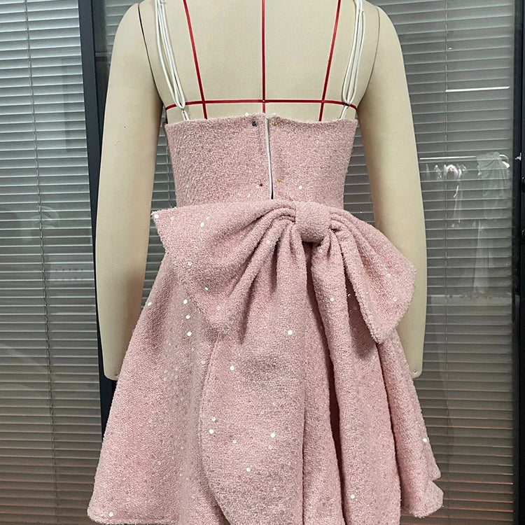 Sequins Bow Backless Sexy Mini Dress For Women Robe Fashion Square Collar Sleeveless High Waist A-line Club Dress