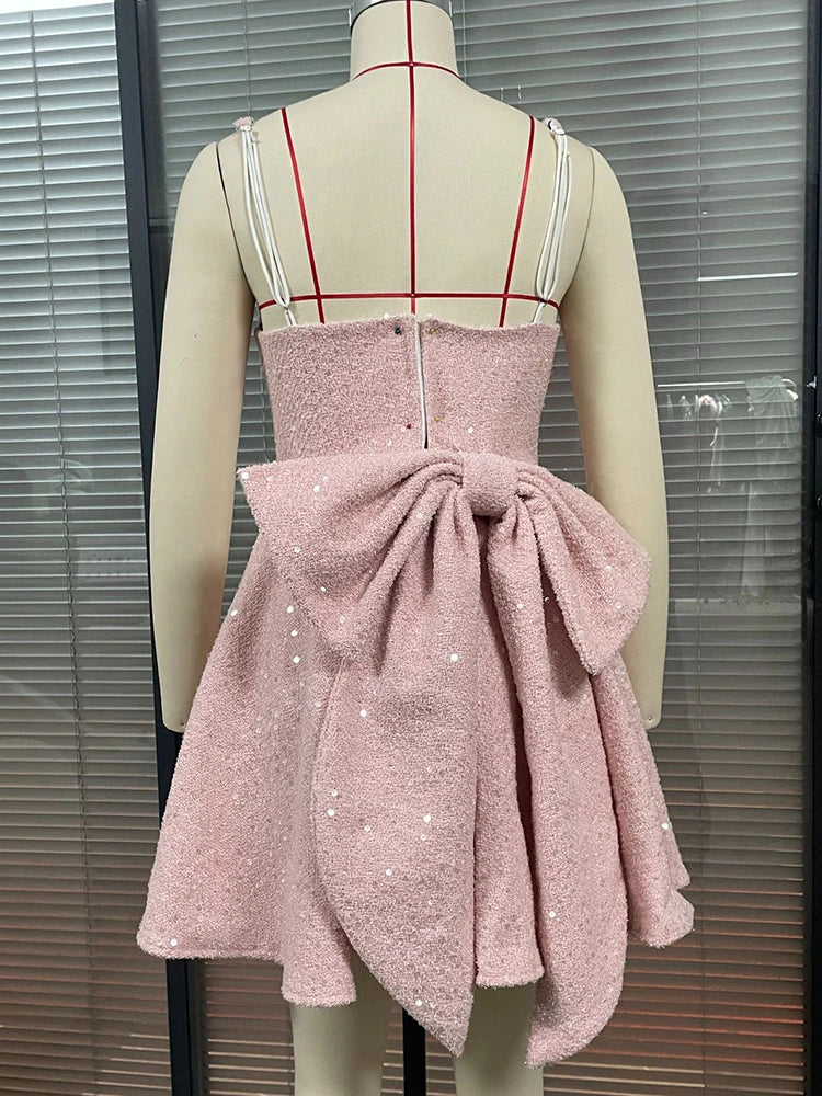 Sequins Bow Backless Sexy Mini Dress For Women Robe Fashion Square Collar Sleeveless High Waist A-line Club Dress