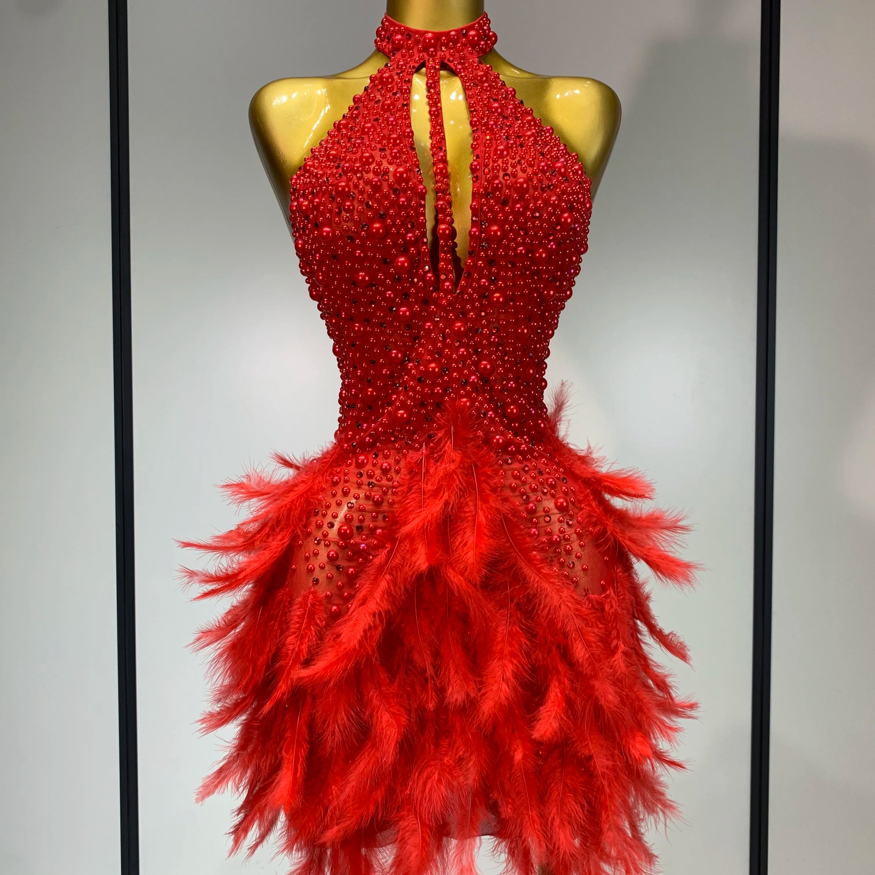 Luxury Rhinestones Pearls Halter Backless Short Feathers Dress Women Sexy Celebrate Birthday Dress Performance Dance Costume