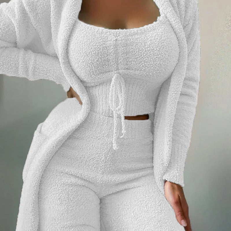 CM.YAYA 3-Piece Women Sets Plush Velvet Pajama Sleepwear Tank Tops + Pants + Cardigan Coat Tracksuit Loungewear Causal Outfits WHITE