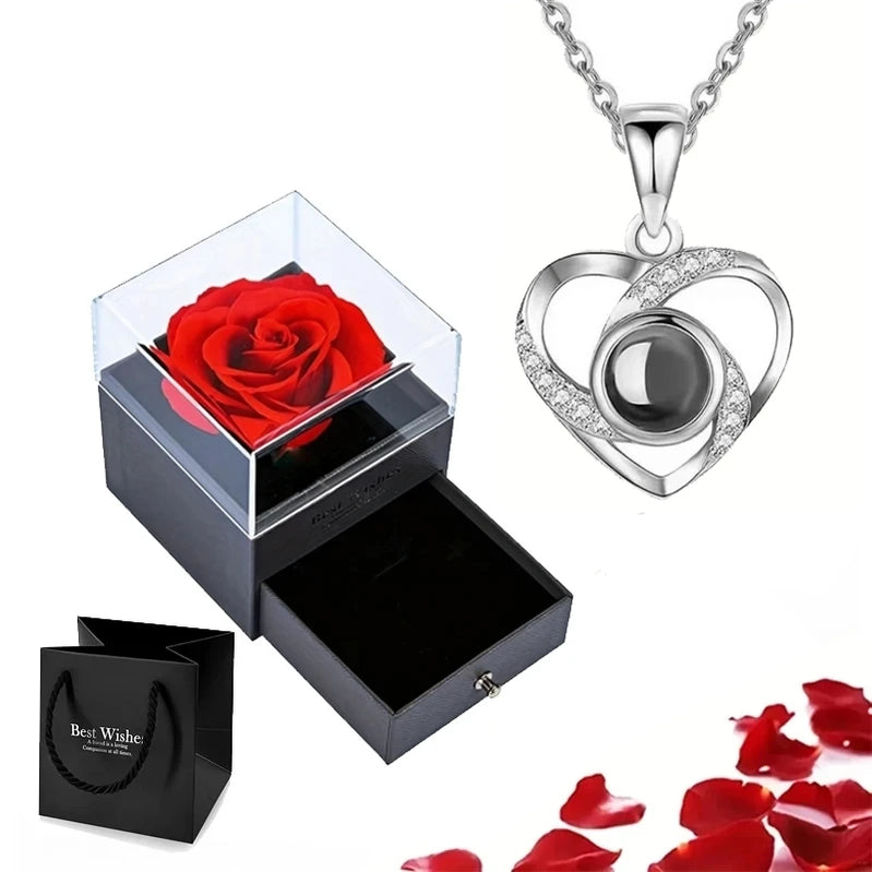 Projection Necklace Set With Rose Gift Box 100 Languages I Love You Heart Pendant Jewelry Accessories Silver-03 45cm