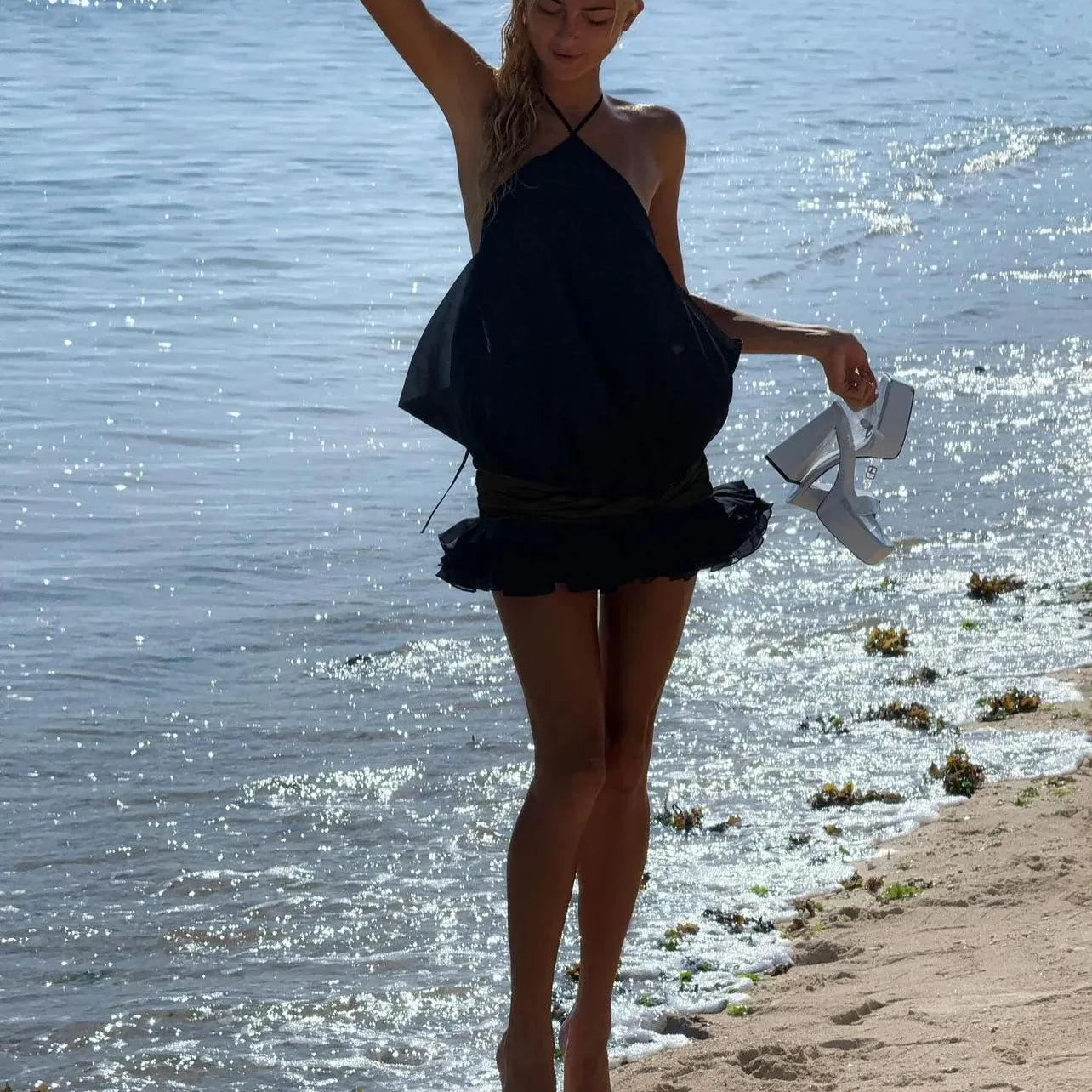 Summer Black Color Women Sexy Halter Backless Loose Ball Gown Mini Dress Beach Style Girls' Vacation Birthday Outfit