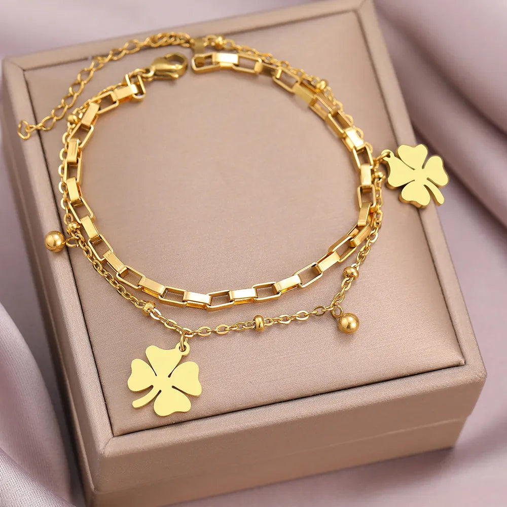 Stainless Steel Bracelets Trendy Fine Bell Clovers Pendant Beads Layer Chain Fashion Bracelet For Women Jewelry Festival Gifts