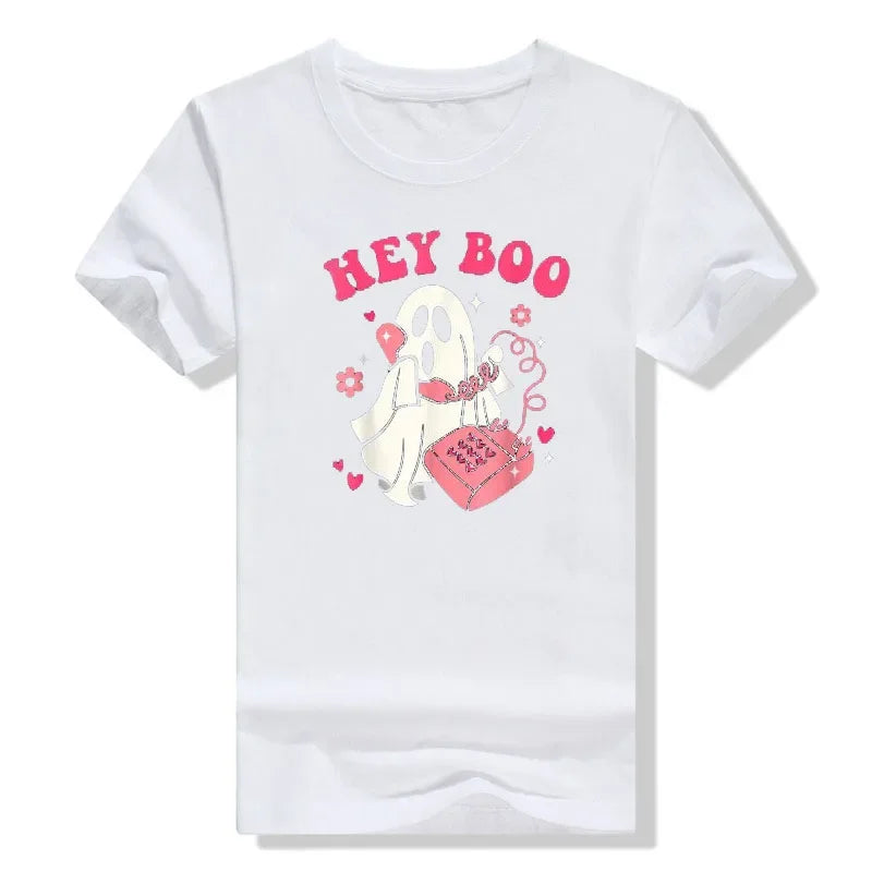 Hey Boo Funny Halloween Costume Spooky Season Scary Ghost T-Shirt Gift Gothic Style Streetwear Clothes Horror Graphic Tee Tops WHITE