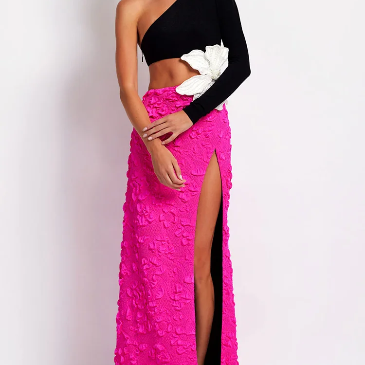 VC Fashion Party Dresses For Women 2023 Autumn Winter Sexy One Shoulder Long Sleeves High Waist Big Flower Decoration Gowns