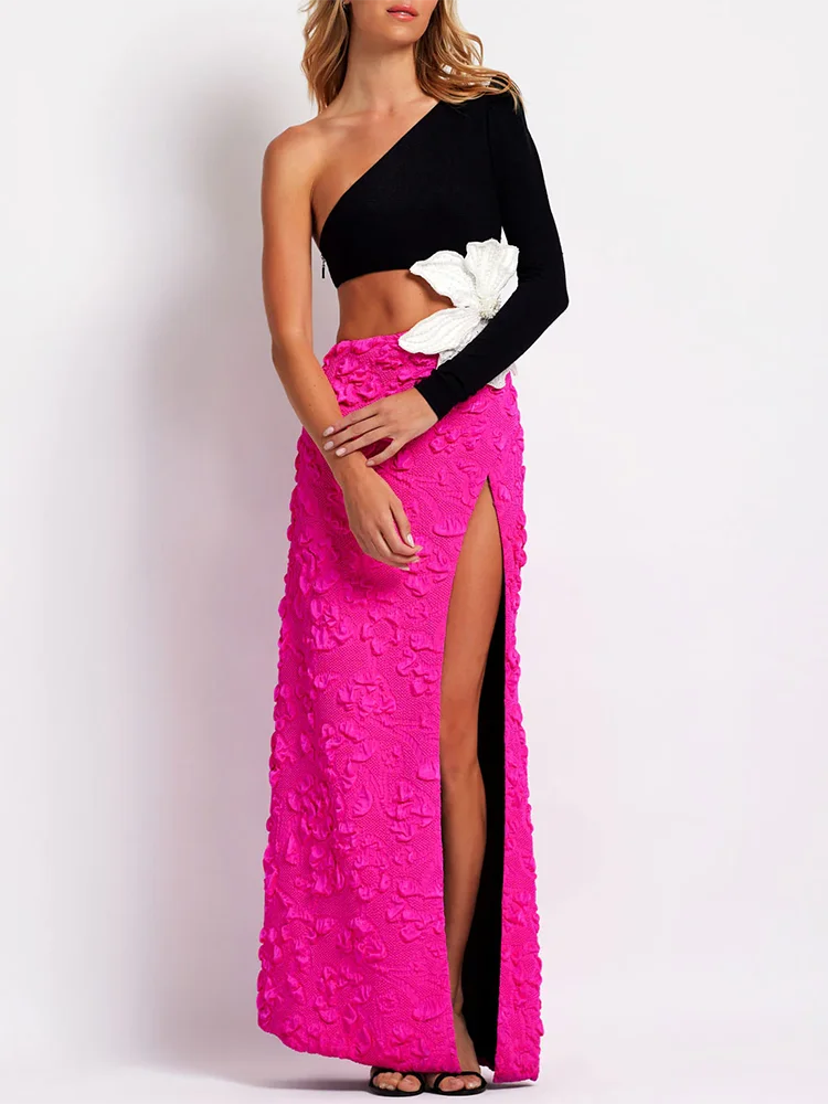 VC Fashion Party Dresses For Women 2023 Autumn Winter Sexy One Shoulder Long Sleeves High Waist Big Flower Decoration Gowns