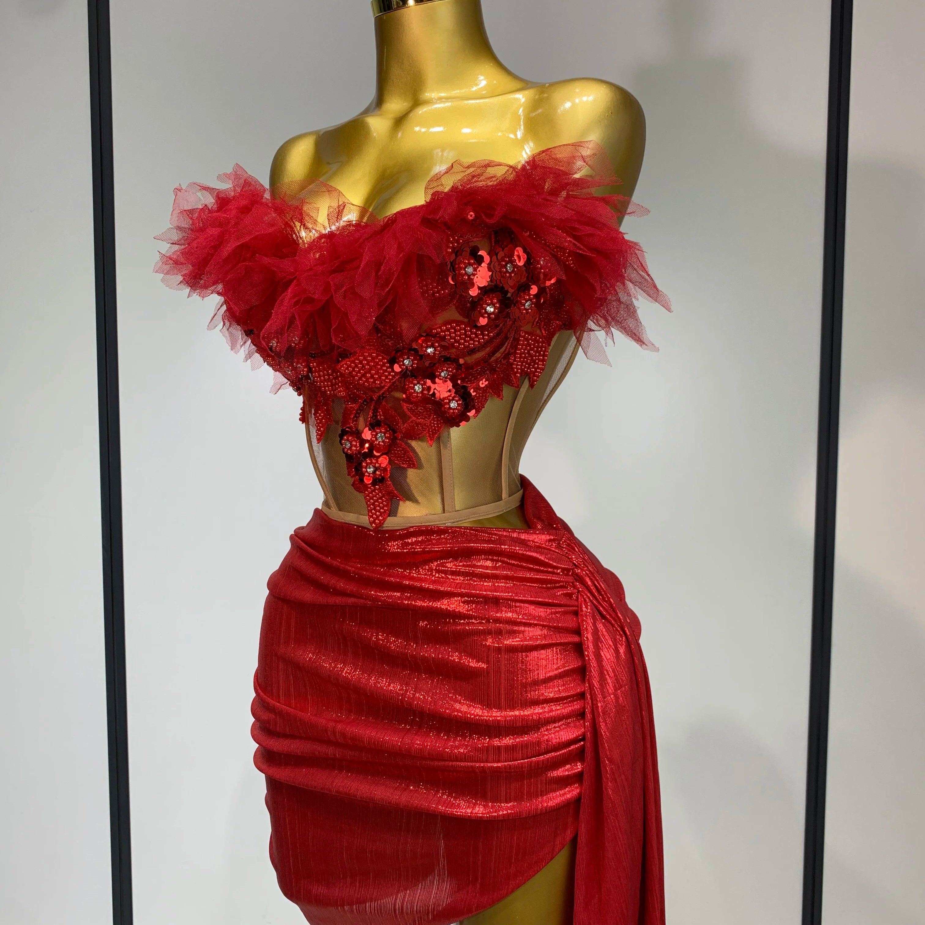 Women Sexy Two Pieces Set Beading Bodycon Mini Dress Nightclub Evening Party Celebrate Birthday Bar Singer Performance Costume