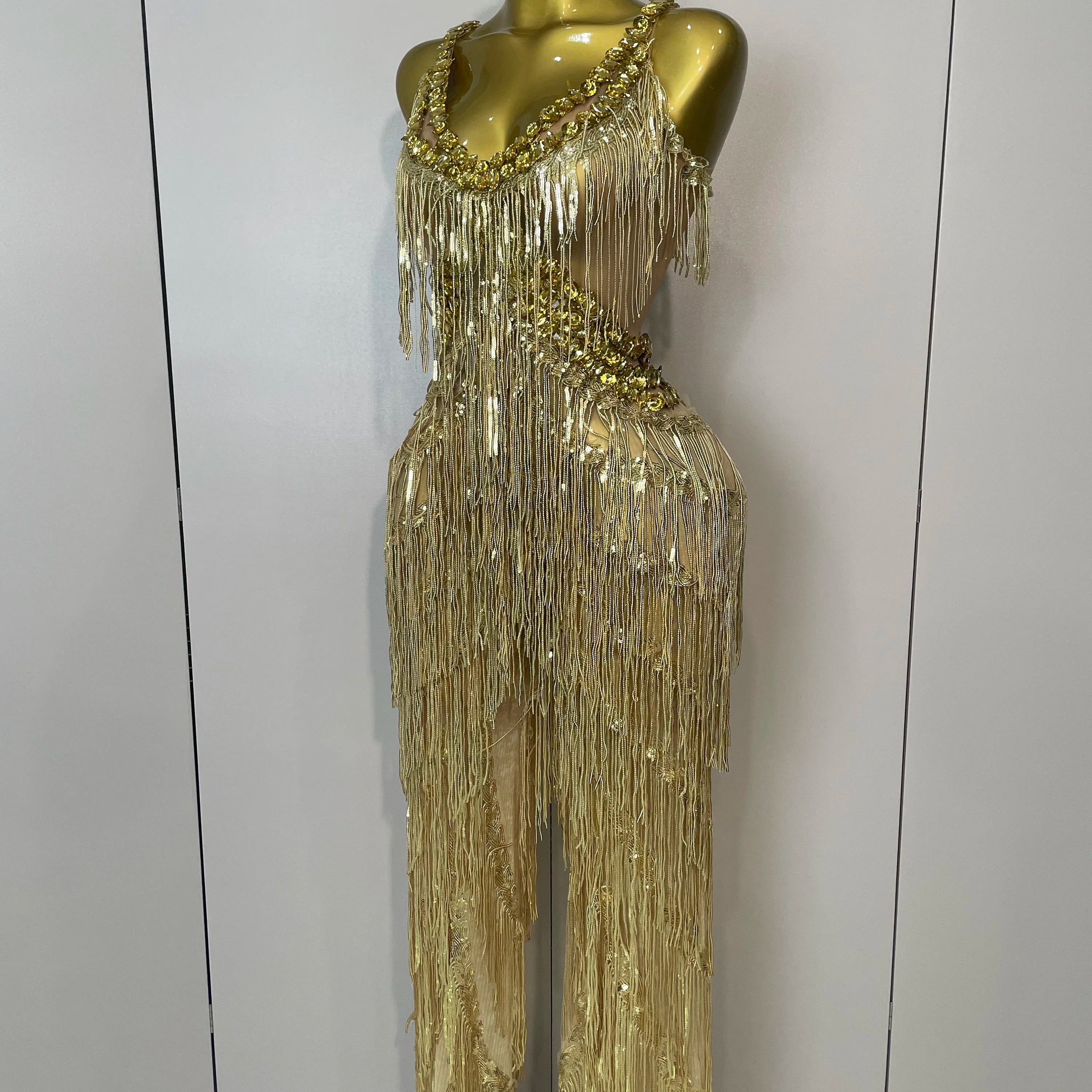 Shiny Gold Rhinestones Sequined Fringe Wide-leg jumpsuit 2025 Women Sexy Night Party Club Outfit Singer Stage Perform Costume