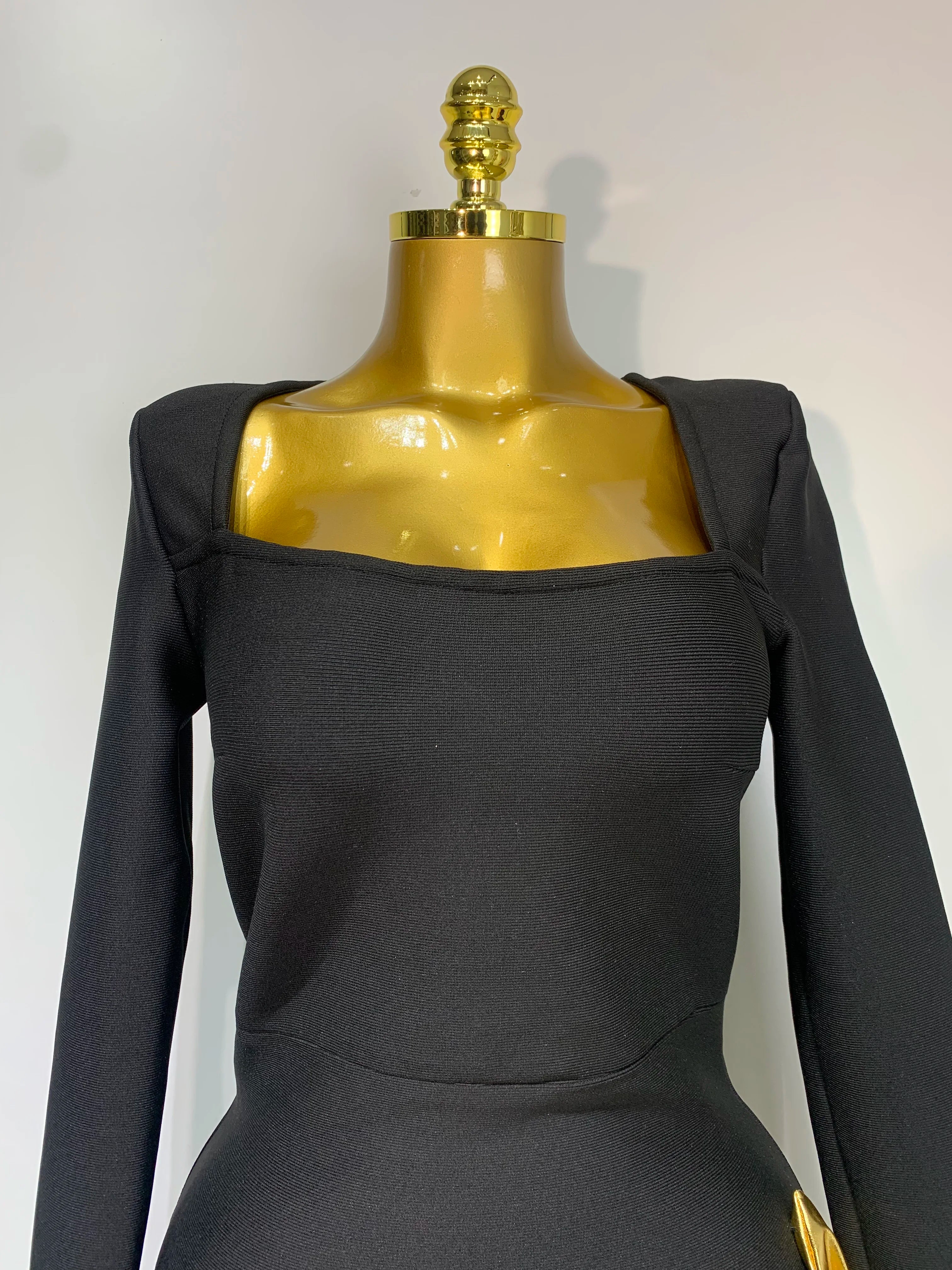 Women Long Sleeve Sexy Square Collar Gold Flower Bodycon Mini Bandage Dress Celebirty Elegant Nightclub Luxury Birthday Dresses