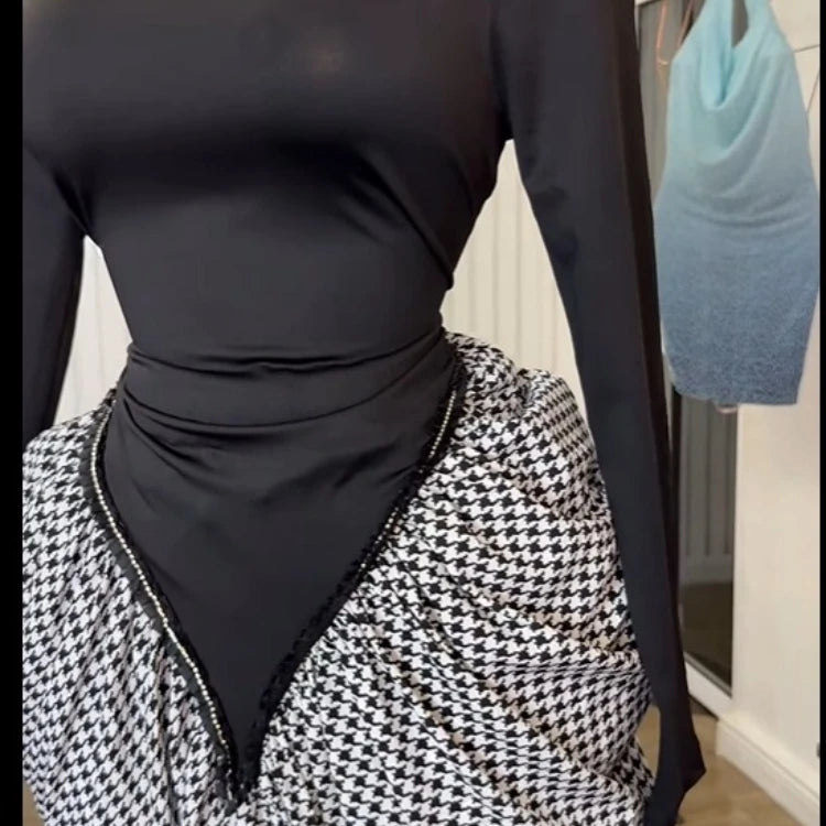 CM.YAYA Women Houndstooth Stacked Ruched Side Long Sleeve Bodycon Midi Maxi Long Dress 2025 Birthday Vacation Sexy Party Dresses