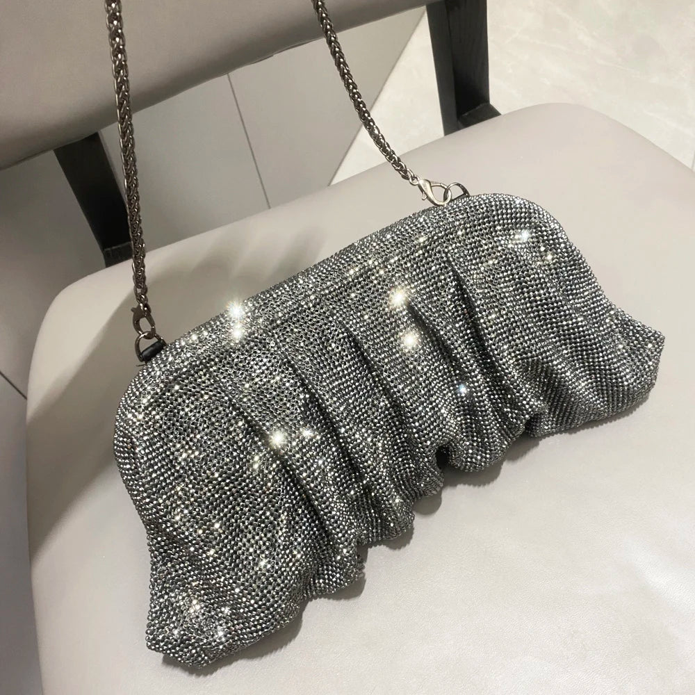 Shiny Rhinestones Handmade Evening Clutch Bags New Folds Purses And Handbags Luxury Designer Wedding Party High Quality Gun color
