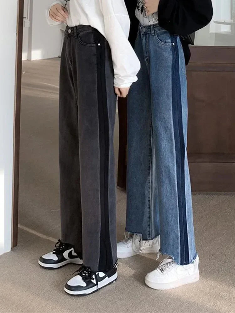 Korean Ankle Length New Hight Waist Side Stripe Straight Jeans Woman Baggy Big Size 5xl Wide Leg Denim Pants Spring