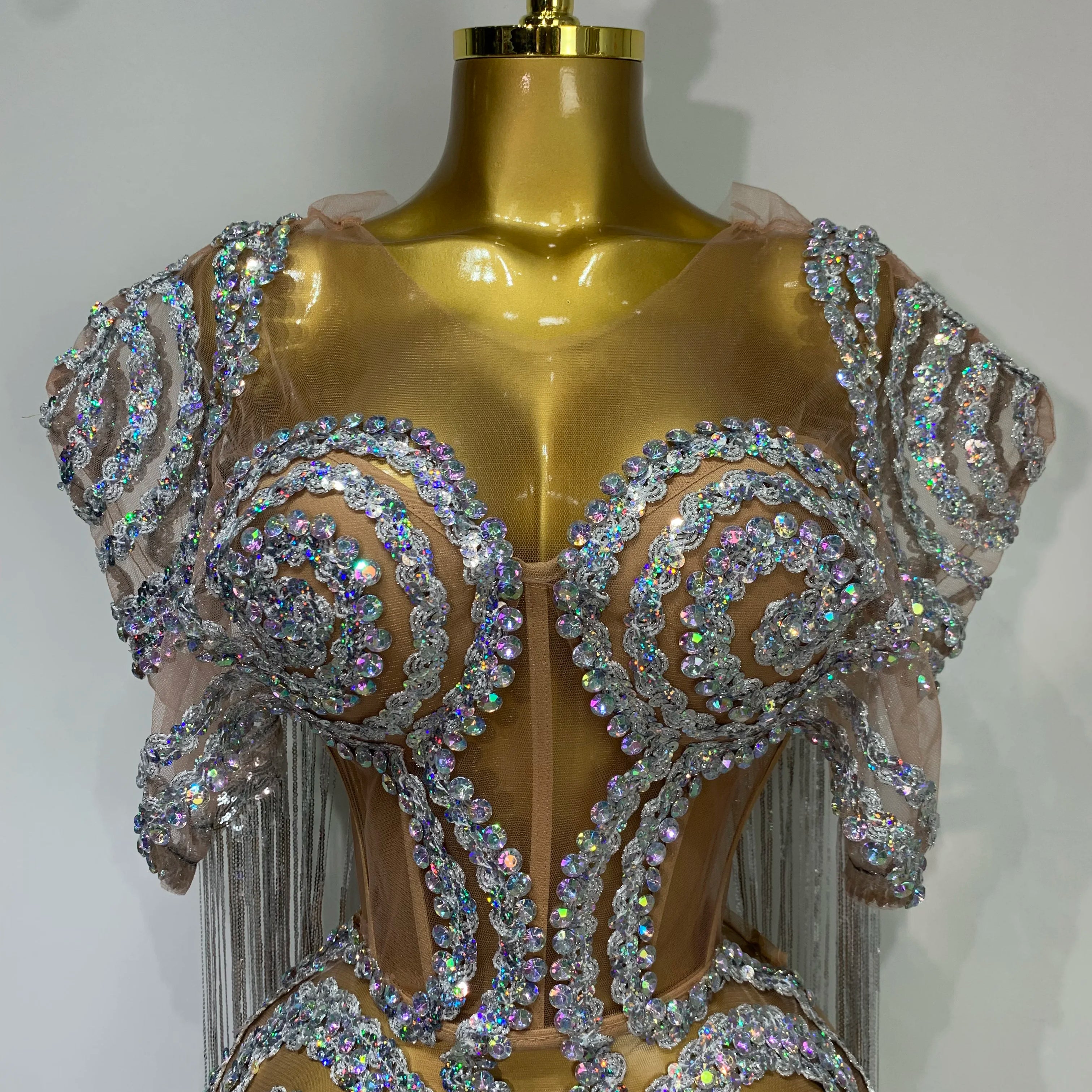 Sparkly Rhinestones Tassel Sexy Mesh Transparent Short Dress Women Evening Party Luxury Birthday Nightclub Singer Stage Costume