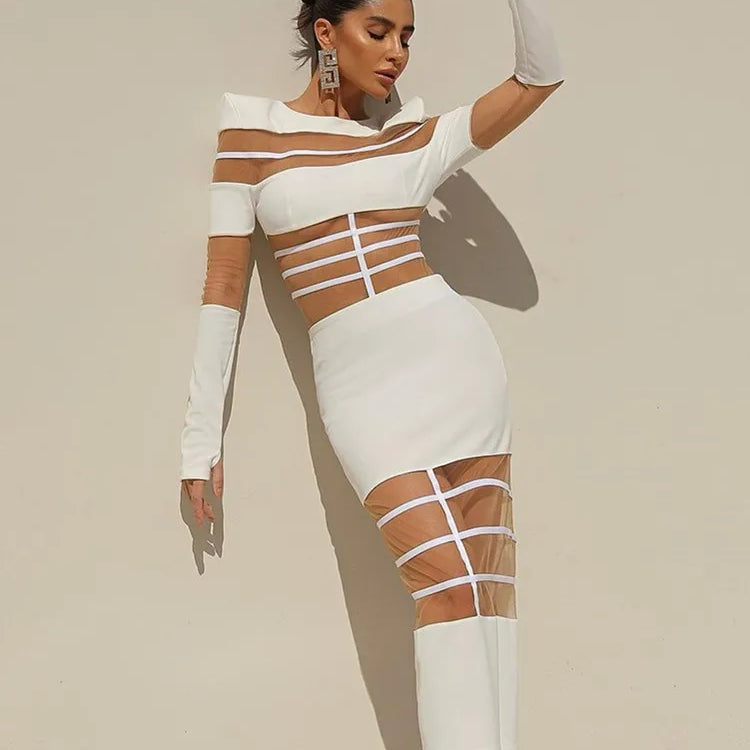 Autumn Sexy Long Sleeve Black Red White Ankle Length Mesh Women Celebrity Dress 2024 Elegant Party Evening Club Vestido