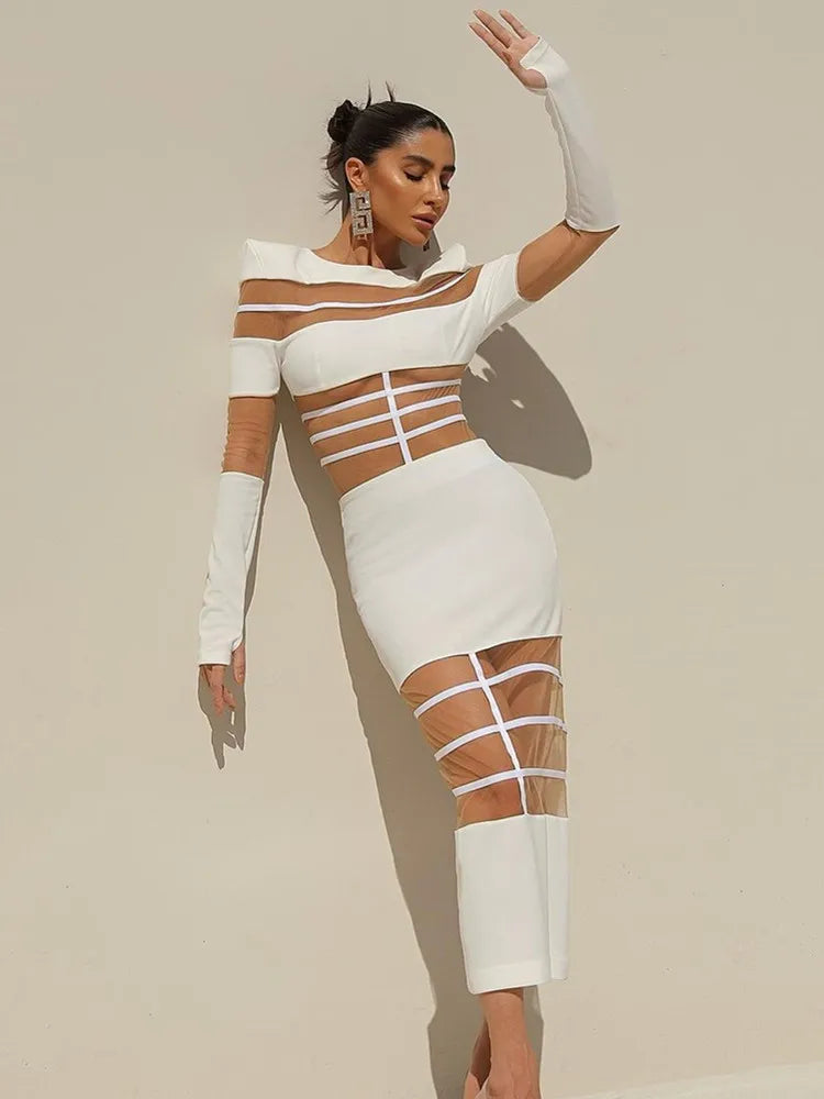 Autumn Sexy Long Sleeve Black Red White Ankle Length Mesh Women Celebrity Dress 2024 Elegant Party Evening Club Vestido