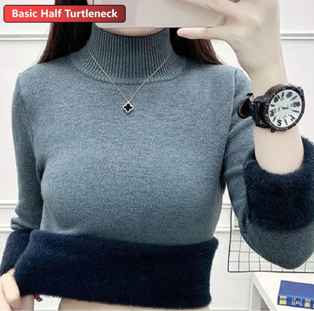 Turtleneck Winter Sweater Women Elegant Thicken Velvet Lined Warm Sueter Knitted Pullover Slim Tops Jersey Knitwear Jumper New HT gray green