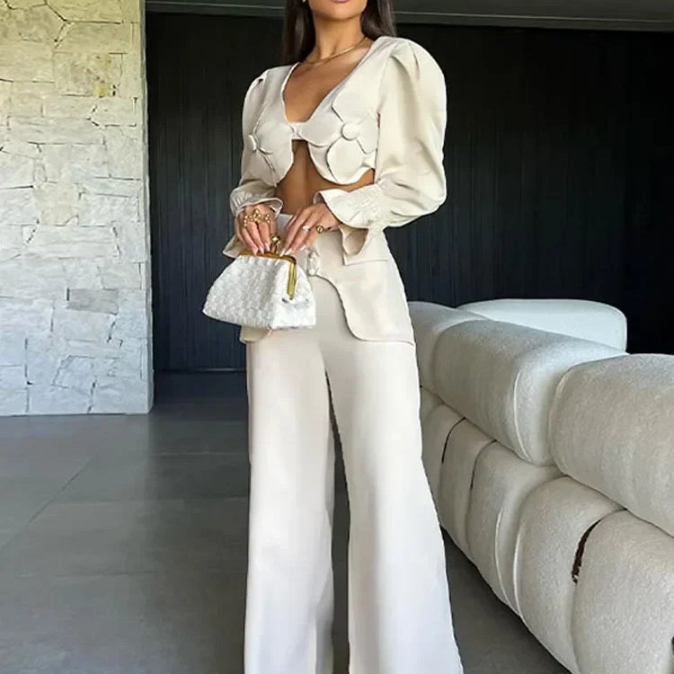 Sexy Flare Sleeve Blouse & Trouser Set Women Chic V Neck Backless Crop Top High Waist Wide Leg Pants Suit Spring Outfits