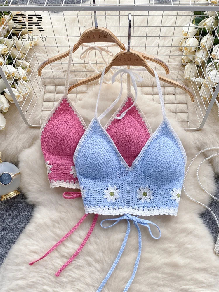 SINGREINY Floral Hook Knit Camisole Women Elegant Backless Fashion Vacation Ladies Backless Summer Bikini Sexy Beach Bra