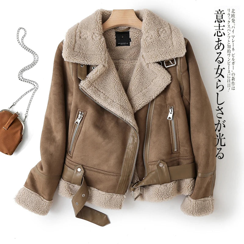 Brown Jacket For Women Winter Vintage Fur Integrated Jacket Lapel Long Sleeves Jackets Female Outwears Chic BROWN
