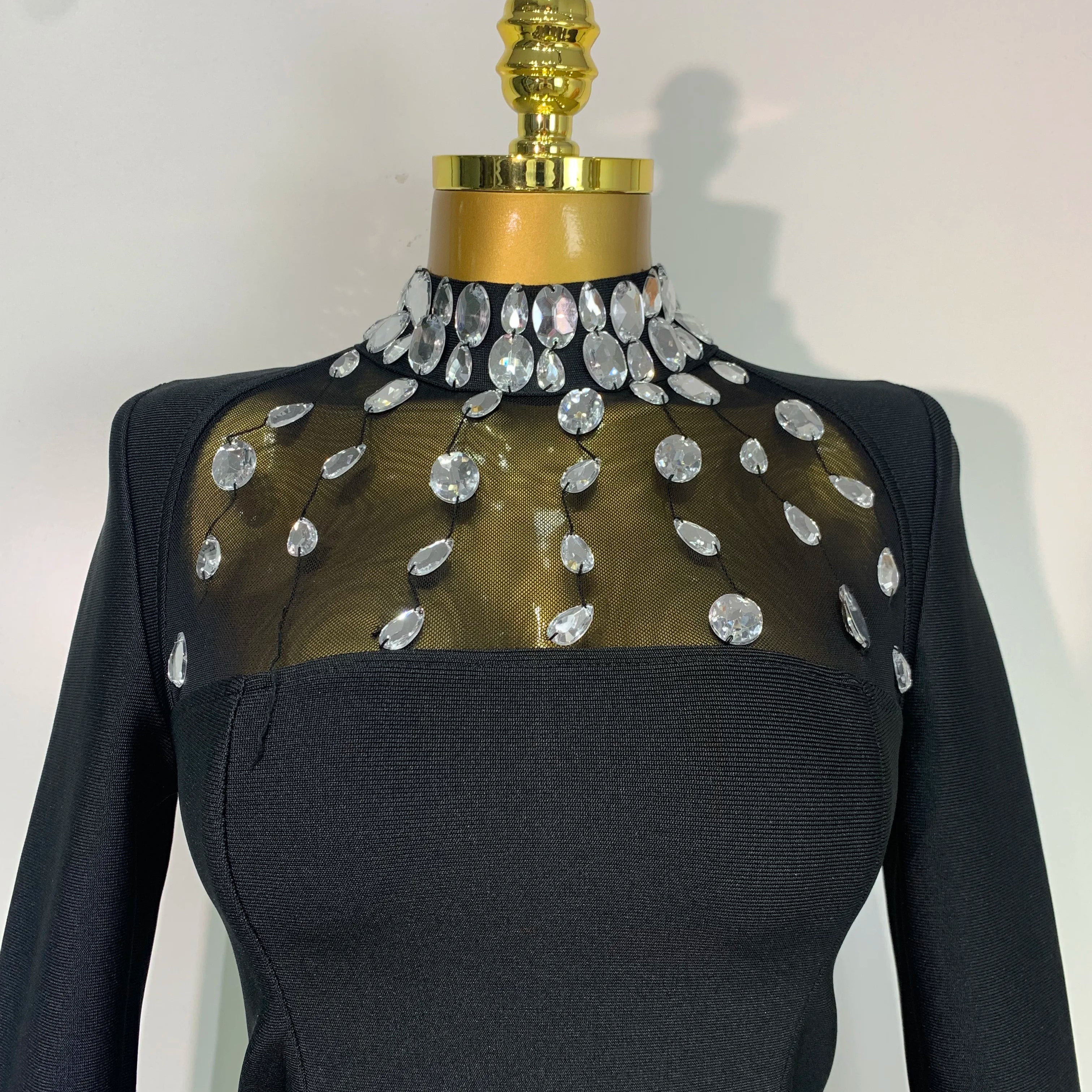 Luxury Birthday Dresses Sparkly Diamond Long Sleeve Black Bodycon Bandage Dress Women Wedding Evening Club Party Prom Gowns