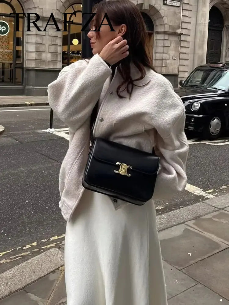 Women Elegant Solid Coat Button Long Sleeve Pocket Bomber Jacket Autumn Winter Female Casual Loose Streetwear Coats