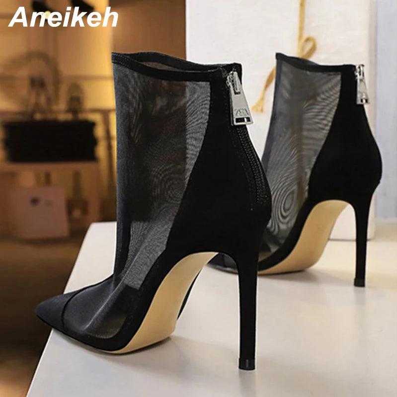 Fashion Spring Ventilation Mesh ANKLE Boots Ladies Pumps 9.5CM Thin Heels Pointed Toe ZIP Solid Women's Shoes