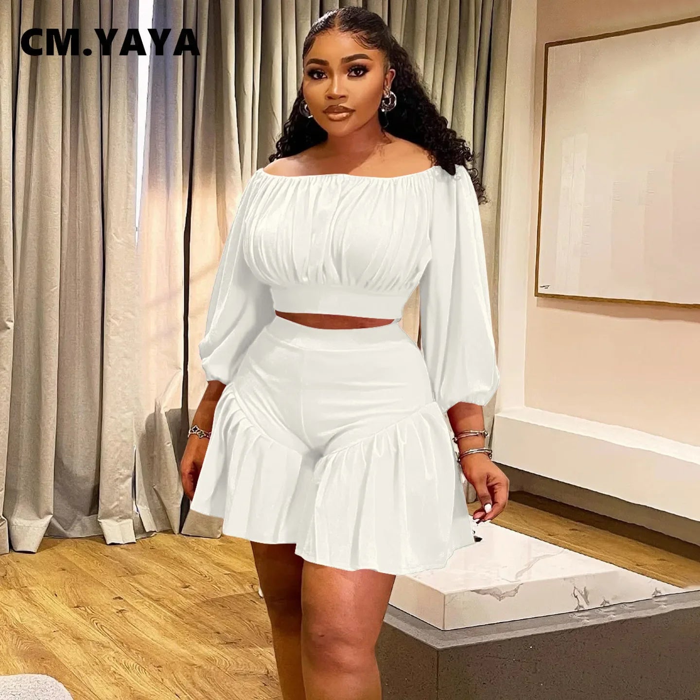 CM.YAYA Plus Size Women's Set Long Sleeve Slash Neck T-Shirt and Shorts 2025 Summer Ruched Two 2 Piece Set Outfits Tracksuit