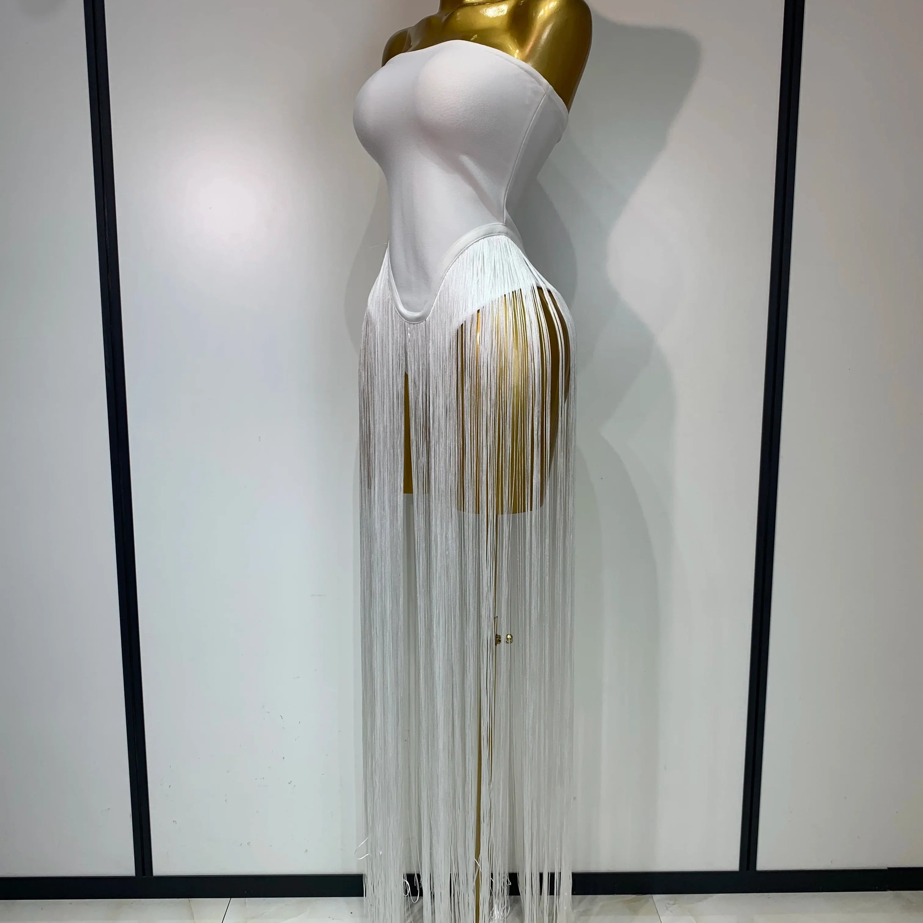 Women Sexy White Elegant Strapless Long Tassels Bandage Bodysuit Evening Party Luxury Birthdy Nightclub Singer Stage Outfit