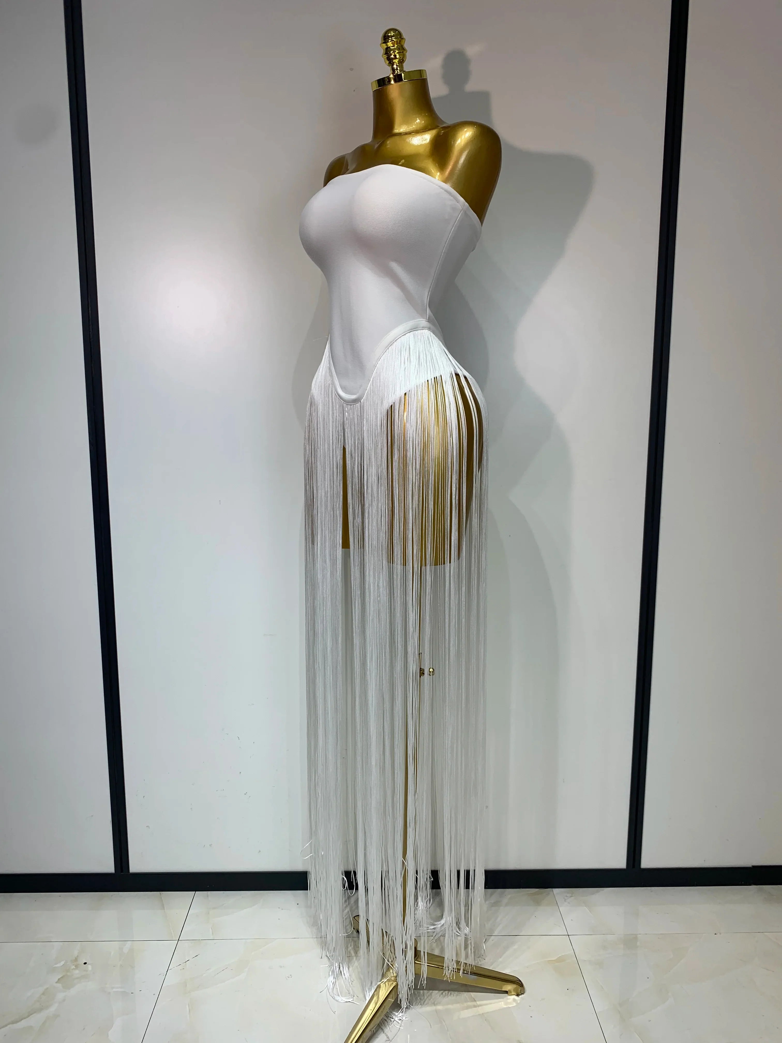 Women Sexy White Elegant Strapless Long Tassels Bandage Bodysuit Evening Party Luxury Birthdy Nightclub Singer Stage Outfit