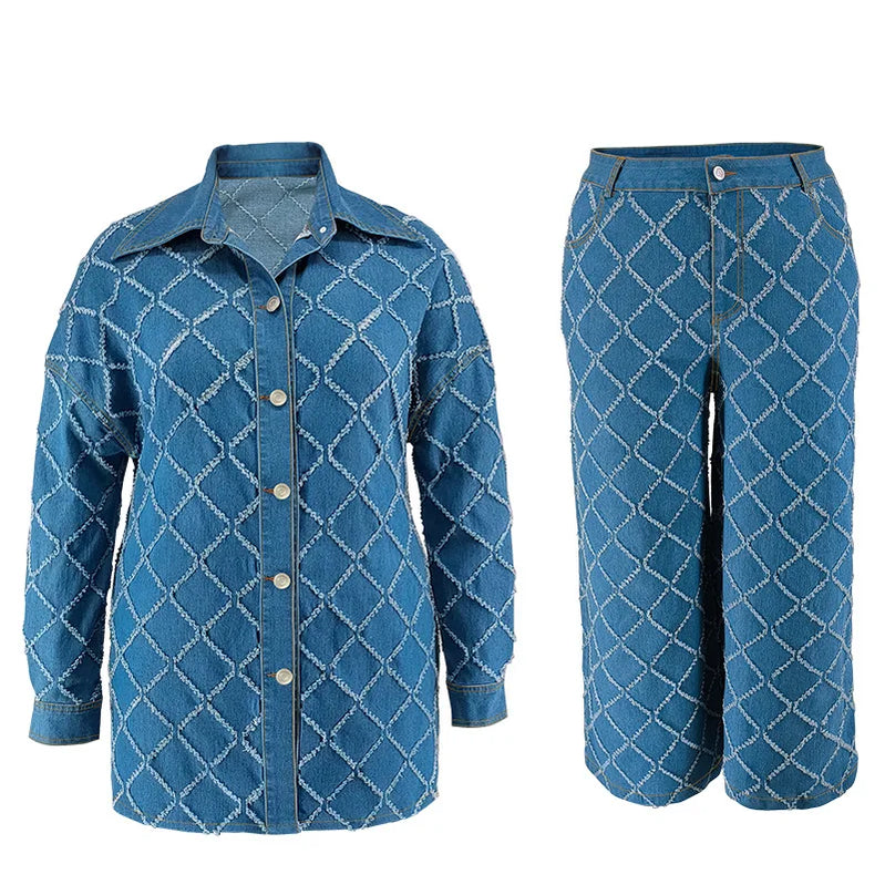 Benuynffy Plus Size Long Sleeve Single Breasted Denim Shirt Jacket And Wide Leg Jeans 2 Piece Sets Woman Outfit Casual 2025 New