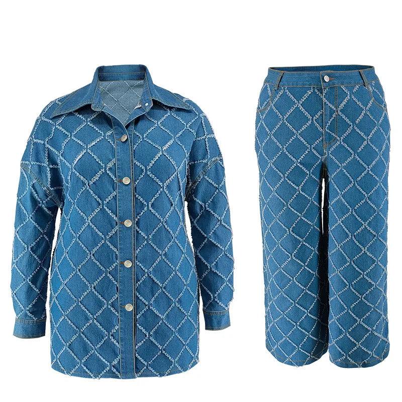 Benuynffy Plus Size Long Sleeve Single Breasted Denim Shirt Jacket And Wide Leg Jeans 2 Piece Sets Woman Outfit Casual 2025 New
