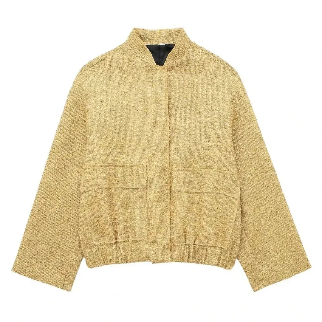 Autumn Coat For Women Fashion Gold Sequin Stand Collar Long Sleeve Loose short Jacket Woman With Pleats Female Coats Gold(No Sequins)