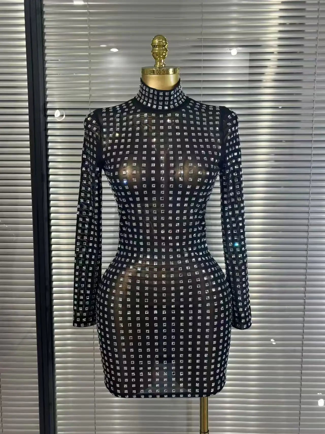 New Arrival Women Long Sleeve Sexy Mesh Bodycon Mini Dress Shinning Sequins Fashion Nightclub Party Celebrate Birthday Dress