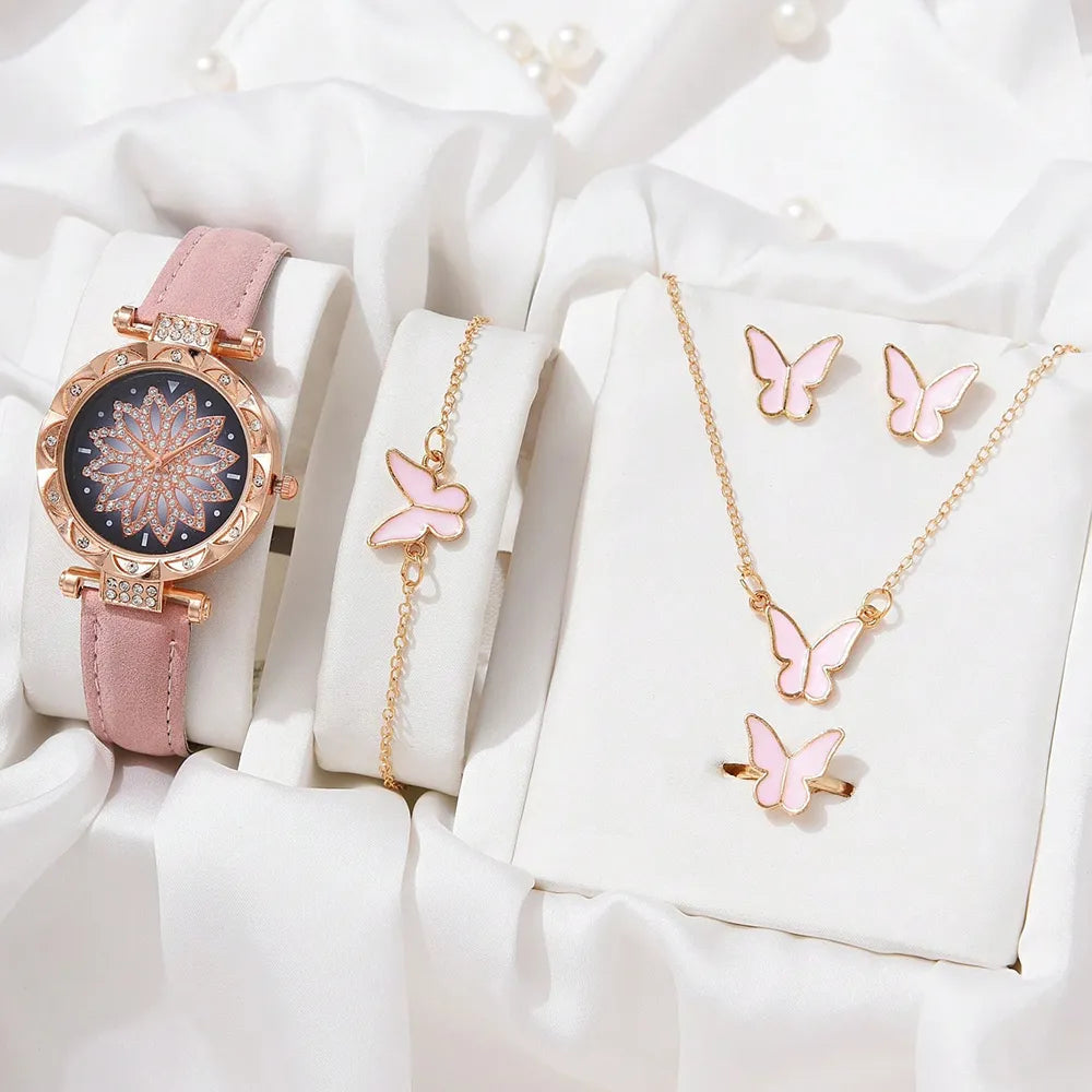 Watch Set For Women Luxury Leather Analog Ladies Quartz Wrist Watch Fashion Bracelet Watch Set Holiday Gifts Montre Pink C