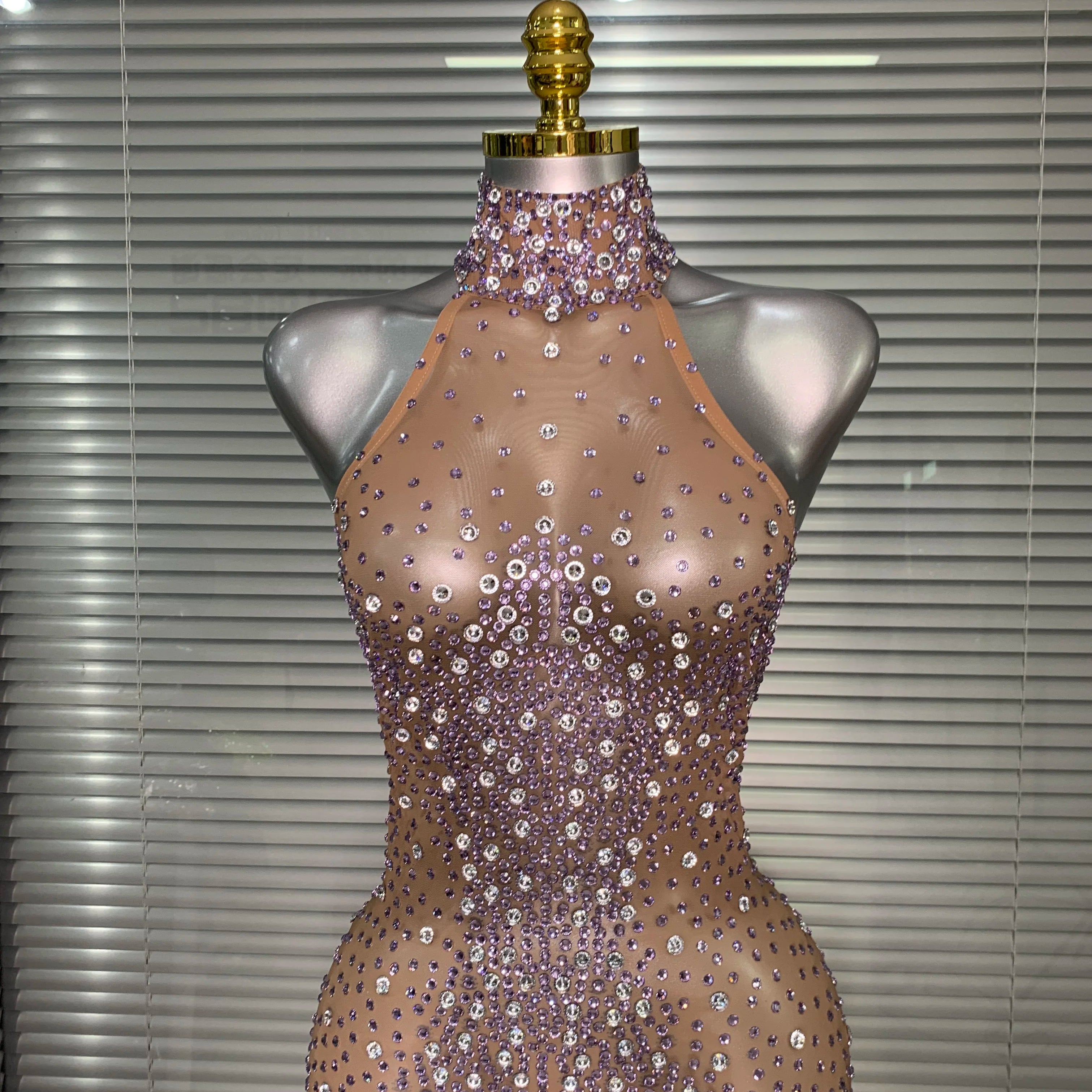 Women Sexy Mesh Crystal Diamonds Shinning Maxi Dress See Through Sheer Party Singer Stage Performance Costume