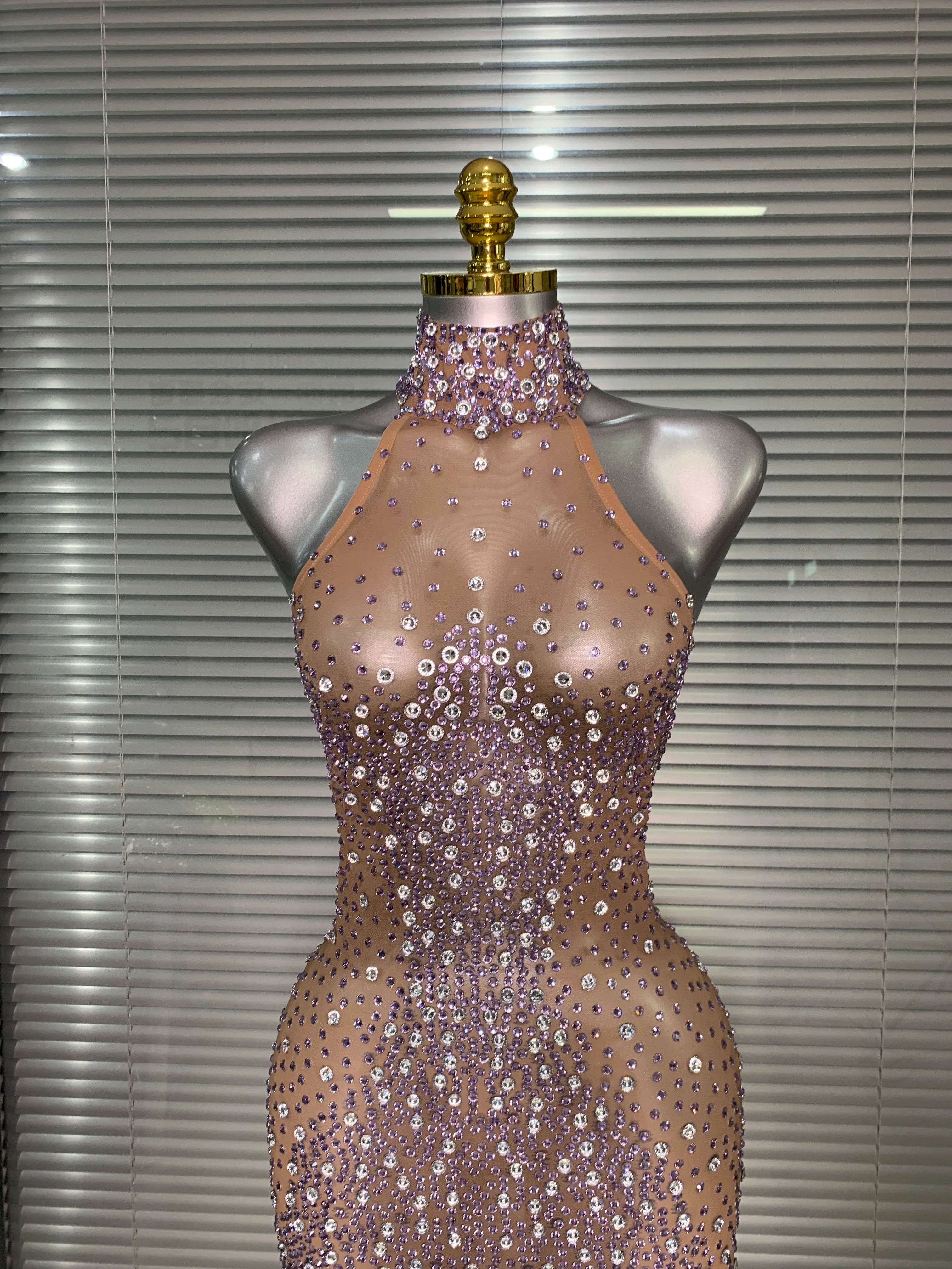 Women Sexy Mesh Crystal Diamonds Shinning Maxi Dress See Through Sheer Party Singer Stage Performance Costume