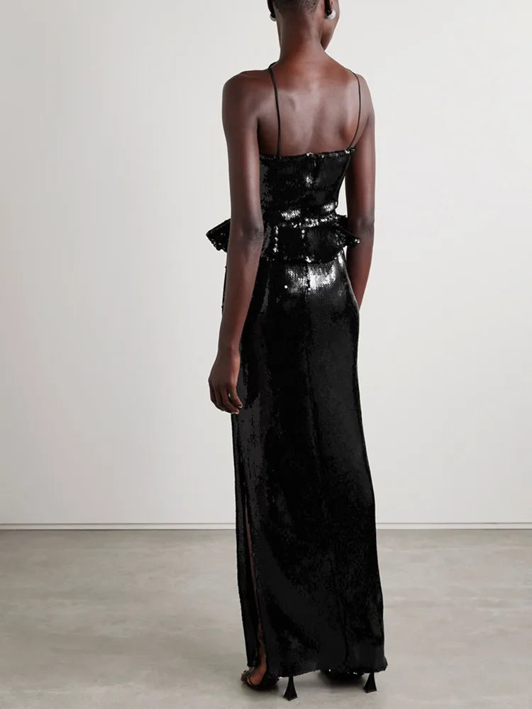 Luxury Women Celebrity Sexy Black Flower Mesh Sequins Maxi Long Gowns Dress 2025 Elegant Evening Party Club Vestido