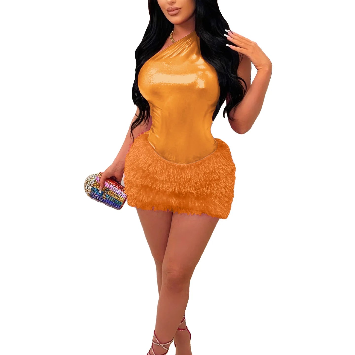 CM.YAYA Fashion Women One Shoulder Skew Collar Bodysuit + Fur Tassel Bodycon Midi Skirt Dress Set 2023 Outfit Two 2Piece Set