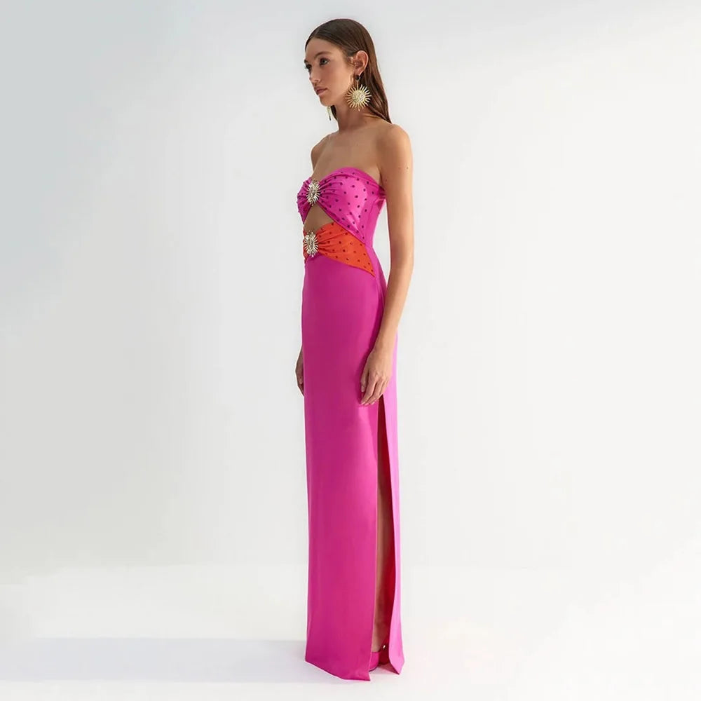 Vestido longo bandagem preto rosa feminino, sexy, sem alças, ombro de fora, colado, com strass brilhantes, para festa e boate