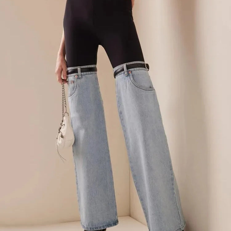 Hit cor emendado cinto jeans para mulheres cintura alta retalhos bolsos fino striaght perna larga calça feminina estilo de moda roupas 