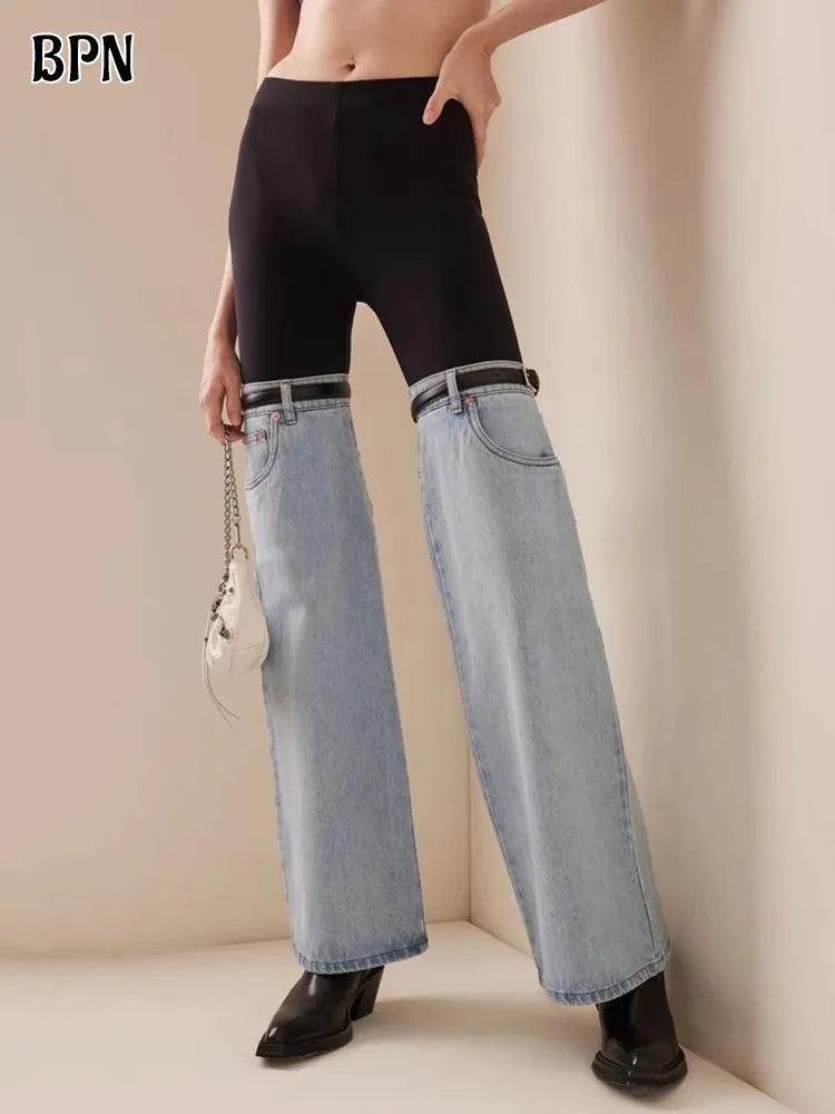 Hit Color Spliced Belt Jeans For Women High Waist Patchwork Pockets Slim Striaght Wide Leg Pant Female Fashion Style Clothes